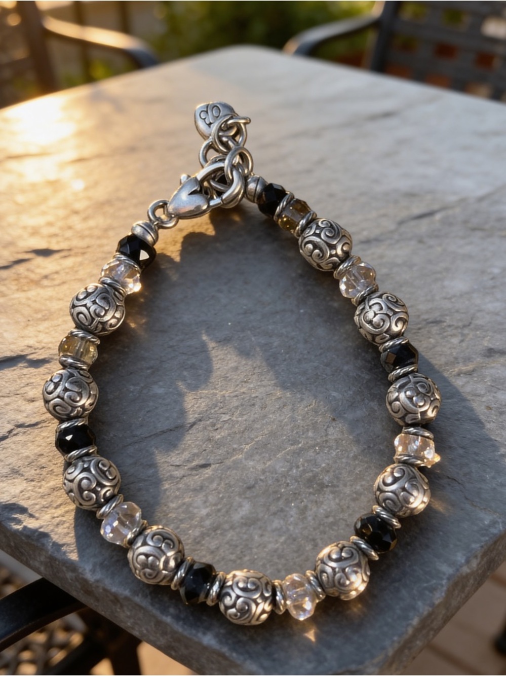 Brighton Swarovski crystal black Onyx silver deco Beaded bracelet adjustable